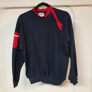 Vintage 80s Activewear Navy Blue Ruffle Collar Polka Dot Sweatshirt Women Medium